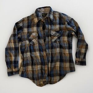 VTG Kmart Wool Flannel Shirt Mens Large Blue Brown Plaid Button Down Pockets